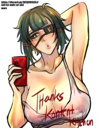 Rule 34 | armpits, arms up, blowing kiss, blue eyes, breasts, cleavage, crop top, eyepatch, female focus, green hair, hands on own head, highres, holding, holding phone, kamila, nipples, nipples through clothes, original, phone, posing for the viewer, see-through, see-through cleavage, selfie, solo, solo focus, sweat, sweatdrop, yellow eyes