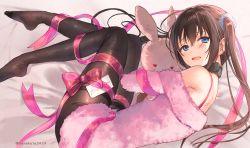 Rule 34 | 1girl, bare shoulders, bed sheet, black pantyhose, blue eyes, brown hair, collar, commentary request, hugging doll, feet, fur, hair ornament, hanekoto, long hair, looking at viewer, looking to the side, lying, no shoes, hugging object, off-shoulder shirt, off shoulder, on side, open mouth, original, pantyhose, pink shirt, plantar flexion, red ribbon, ribbon, shirt, sidelocks, smile, solo, stuffed animal, stuffed rabbit, stuffed toy, thighband pantyhose, twintails, twitter username
