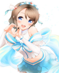 Rule 34 | 1girl, :d, blue bow, blue eyes, blue skirt, blush, bow, crown, grey hair, hair ornament, heart, heart hands, highres, koi ni naritai aquarium, looking at viewer, love live!, love live! sunshine!!, navel, open mouth, short hair, simple background, skirt, sleeveless, smile, solo, teeth, upper teeth only, watanabe you, white background, ycya2482