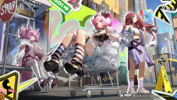 Rule 34 | arknights, closed mouth, copyright notice, dot mouth, floating clothes, high heels, highres, long hair, looking at viewer, looking away, multiple girls, myrtle (arknights), official art, pink hair, pudding (arknights), purple hair, red eyes, red hair, shamare (arknights), short hair, sitting, standing, thigh strap, zheshe jing