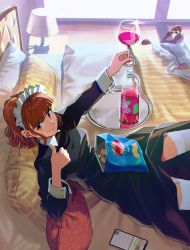 Rule 34 | 1girl, bag of chips, black shirt, brown hair, cellphone, cup, day, doyagao, drinking glass, earrings, fanta, feet out of frame, garter straps, highres, indoors, jewelry, lamp, long sleeves, maid, maid headdress, nashigaya koyomi, on bed, original, phone, pillow, shirt, shoes, unworn shoes, short hair, smile, smug, solo, thumbs up, tray, white legwear, wine glass, yellow eyes