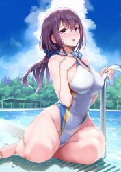 Rule 34 | 1girl, blush, breasts, cloud, collarbone, competition swimsuit, covered navel, crossed bangs, day, furrowed brow, glint, goggles, goggles around neck, groin, hair between eyes, hand on own chest, hands up, highleg, highleg swimsuit, large breasts, long hair, looking at viewer, low ponytail, nylon (nylon 100%), one-piece swimsuit, original, parted lips, ponytail, pool, poolside, purple eyes, purple hair, scrunchie, sidelocks, sitting, sky, solo, swimsuit, toes, water, wet, white one-piece swimsuit, yokozuwari