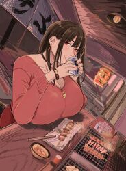 Rule 34 | 1girl, black choker, blush, bowl, breasts, bright pupils, can, chichi8181, choker, chopsticks, cleavage, collarbone, cooking, drinking, earrings, food, grill, grilling, hair behind ear, highres, holding, holding can, huge breasts, indoors, jewelry, lantern, long hair, looking at viewer, nail polish, original, pink lips, pink nails, red eyes, red skirt, red sweater, skewer, skirt, smile, solo, sweater, sweater tucked in, takanashi akiho (chichi8181), watch, white pupils, wristwatch
