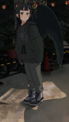 Rule 34 | 1girl, angel wings, black eyes, black feathers, black footwear, black hair, black hoodie, black wings, blunt bangs, blush, boots, commentary, costume, dark, drawstring, fake wings, feathered wings, feathers, from side, frown, full body, grey pants, highres, hood, hoodie, ira (servachok), lantern, lanyard, light blush, light frown, long hair, long sleeves, looking at viewer, looking to the side, motor vehicle, motorcycle, newspaper, original, pants, paper lantern, russian commentary, servachok, short eyebrows, sleeves past wrists, solo, standing, strap, string of light bulbs, taser, thick eyebrows, traffic cone, two-tone footwear, white footwear, wings