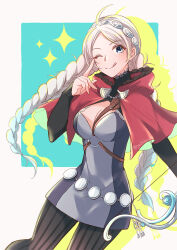 Rule 34 | 1girl, ahoge, belt, black bridal gauntlets, blue eyes, bow (weapon), braid, breasts, bridal gauntlets, capelet, fire emblem, fire emblem fates, hairband, harness, highres, holding, holding bow (weapon), holding weapon, hood, hood down, hooded capelet, licking lips, long hair, looking at viewer, low twin braids, medium breasts, nina (fire emblem), nintendo, o-ring, one eye closed, pantyhose, parted bangs, red capelet, solo, striped clothes, striped pantyhose, tongue, tongue out, twin braids, upper body, vertical-striped clothes, vertical-striped pantyhose, weapon, white hair, yutohiroya