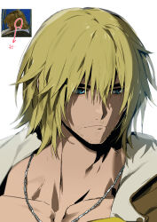 Rule 34 | 1boy, adam&#039;s apple, blonde hair, blue eyes, chwisohaelabang geumgeumal, expressionless, game screenshot inset, highres, jewelry, ken masters, looking to the side, male focus, medium hair, mismatched eyebrows, muscular, muscular male, necklace, portrait, solo, sparse stubble, street fighter, street fighter 6, thick eyebrows