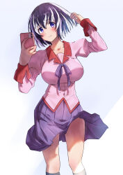 Rule 34 | 1girl, absurdres, black hair, breasts, cellphone, closed mouth, commentary request, cruzango0510, hanekawa tsubasa, highres, holding, holding phone, juliet sleeves, large breasts, long sleeves, monogatari (series), multicolored hair, naoetsu high school uniform, phone, pink shirt, pleated skirt, puffy sleeves, purple eyes, purple skirt, school uniform, shirt, skirt, smartphone, smile, socks, solo, standing, two-tone hair, white hair