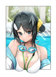 Rule 34 | 1girl, :o, arknights, bare shoulders, bikini, blurry, blurry background, border, breasts, cleavage, feather hair ornament, feathers, goggles, goggles around neck, grey eyes, grey hair, hair bun, hair intakes, hair ornament, hair scrunchie, hairclip, highres, jacket, la pluma (arknights), la pluma (summer flowers) (arknights), looking at viewer, medium breasts, off shoulder, outside border, pool, scrunchie, short hair, solo, sparkle, swimsuit, u no nijiart, upper body, water, wet, whistle, white bikini, white jacket