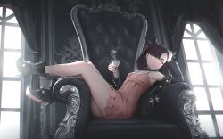 Rule 34 | 1girl, armpits, asymmetrical bangs, bare legs, bare shoulders, black choker, black footwear, black hair, black jacket, boots, breasts, chair, choker, commentary, creatures (company), cup, curtains, dress, english commentary, game freak, green eyes, hair ribbon, highres, holding, holding cup, indoors, jacket, leg up, long sleeves, looking at viewer, marnie (pokemon), nintendo, no socks, off shoulder, open clothes, open jacket, pink dress, pokemon, pokemon swsh, ribbon, short dress, sitting sideways, sleeveless, sleeveless dress, small breasts, solo, spaghetti strap, steam, teacup, thighs, throne, vertigris, window