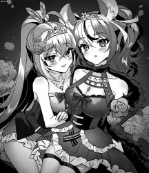 Rule 34 | 2girls, ahoge, dress, falling petals, feather hair ornament, feathers, flower, frilled dress, frills, greyscale, grin, hair flower, hair ornament, hakos baelz, highres, hololive, hololive english, jewelry, kimuouoo, light particles, long hair, looking at viewer, monochrome, multicolored hair, multiple girls, nanashi mumei, necklace, off shoulder, official alternate costume, parted lips, petals, ponytail, queen (vocaloid), rose, smile, streaked hair, thighhighs, tiara, twintails, very long hair, virtual youtuber, vocaloid