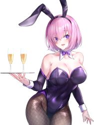 Rule 34 | 1girl, absurdres, alcohol, alternate costume, animal ears, bare shoulders, black pantyhose, bow, bowtie, breasts, champagne, champagne flute, cleavage, collarbone, commentary request, commission, covered navel, cup, detached collar, drinking glass, eyes visible through hair, fake animal ears, fate/grand order, fate (series), fishnet pantyhose, fishnets, hair over one eye, highres, large breasts, leotard, m.tokotsu, mash kyrielight, open mouth, pantyhose, pink hair, pixiv commission, playboy bunny, purple bow, purple bowtie, purple eyes, rabbit ears, short hair, simple background, smile, solo, white background