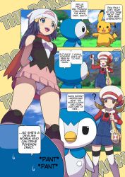 Rule 34 | 2girls, ?, bag, beanie, blue eyes, blue hair, blush, boots, breasts, brown eyes, brown hair, cabbie hat, cameltoe, cleft of venus, closed eyes, covered erect nipples, creatures (company), dawn (pokemon), from below, game freak, gen 1 pokemon, gen 4 pokemon, hat, hat ribbon, highres, holding, holding poke ball, lyra (pokemon), makoto daikichi, medium breasts, multiple girls, nintendo, overalls, panties, pantyshot, pikachu, pink footwear, piplup, poke ball, pokegear, pokemon, pokemon (creature), pokemon dppt, pokemon hgss, red ribbon, red scarf, ribbon, scarf, short twintails, smile, standing, thighhighs, translated, twintails, underwear, upskirt, white panties, white thighhighs