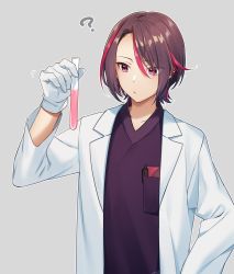 Rule 34 | 1boy, ?, absurdres, breast pocket, brown hair, closed mouth, copyright request, ear piercing, eyes visible through hair, gloves, grey background, hair over one eye, highres, holding, lab coat, long sleeves, looking away, male focus, motion lines, multicolored hair, open clothes, parted bangs, pencil, piercing, pocket, purple eyes, purple shirt, red hair, sakura chiyo (konachi000), shirt, simple background, solo, streaked hair, test tube, upper body, virtual youtuber, white gloves