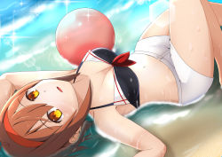 Rule 34 | 1girl, absurdres, adapted costume, ball, beach, beachball, belly, bikini, black bikini, blush, breasts, brown eyes, brown hair, cleavage, collarbone, floating, hair between eyes, hairband, highres, kantai collection, light particles, looking at viewer, looking up, low twintails, lying, medium breasts, ocean, orange hairband, red hairband, remodel (kantai collection), sand, selvalanch, shiratsuyu (kancolle), short hair, shorts, solo, swimsuit, twintails, water, wet