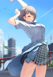 Rule 34 | 1girl, ^ ^, arm up, bad id, bad pixiv id, blue cardigan, blue sky, blurry, blurry background, bowsan, braid, breasts, building, button gap, cardigan, cardigan around waist, closed eyes, closed mouth, clothes around waist, commentary request, grey hair, hair ornament, highres, hololive, large breasts, leaf, outdoors, plaid, plaid skirt, school uniform, shirogane noel, shirogane noel (school uniform), shirt, short hair, short sleeves, skirt, sky, smile, solo, standing, thighs, virtual youtuber, white shirt, wind, x hair ornament