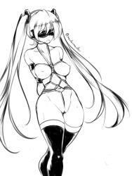 Rule 34 | 1girl, arms behind back, bdsm, blindfold, bondage, bound, bound arms, breasts, cleft of venus, crotch rope, greyscale, hatsune miku, headset, highres, long hair, maullarmaullar, medium breasts, monochrome, navel, nipples, nude, shibari, sketch, solo, thighhighs, twintails, twitter username, very long hair, vocaloid