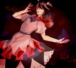 Rule 34 | 1girl, black background, black hair, commentary request, cone horns, dress, flower, highres, horns, kijin seija, multicolored hair, open mouth, painpain belly, red flower, red hair, short hair, short sleeves, simple background, solo, streaked hair, touhou, white dress, white hair