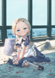 Rule 34 | 1girl, annoyed, apron, black footwear, blonde hair, blue dress, blue eyes, blush, braid, bucket, child, dress, eyebrows, fallen down, forehead, full body, hair ornament, hairclip, highres, indoors, kneehighs, long hair, looking at viewer, low twintails, maid, mop, on floor, original, shoes, short sleeves, sitting, socks, solo, twin braids, twintails, water, wet, white apron, white socks, window