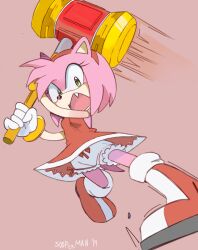 Rule 34 | 1girl, 2019, amy rose, artist name, bloomers, bracelet, breasts, dress, fang, female focus, furry, furry female, gloves, hairband, hammer, hedgehog girl, hedgehog tail, highres, holding, holding hammer, holding weapon, jewelry, looking at viewer, motion lines, open mouth, pink background, pink hair, red dress, red footwear, red hairband, short hair, simple background, sleeveless, small breasts, snout, solo, sonic (series), sooperman, underwear, upskirt, weapon, white gloves