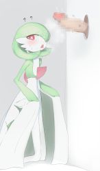 Rule 34 | 1girl, ?, blush, bob cut, breath, bright pupils, censored, colored skin, creatures (company), cum, cum in mouth, cum on hair, erection, facial, flat chest, game freak, gardevoir, gen 3 pokemon, glory hole, green hair, green skin, grey background, hair over one eye, highres, kneeling, legs, looking at viewer, mosaic censoring, multicolored skin, nintendo, one eye covered, open mouth, penis, pokemon, pokemon (creature), red eyes, ripu (lipi), short hair, simple background, solo focus, steam, sweat, thighs, two-tone skin, white pupils, white skin