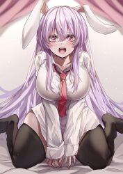 Rule 34 | 1girl, alternate breast size, animal ears, black thighhighs, blush, breasts, hair between eyes, highres, large breasts, long hair, long sleeves, looking at viewer, mahoro (minase mahoro), necktie, open mouth, pantyhose, pink hair, pink nails, purple hair, rabbit ears, red eyes, red necktie, reisen udongein inaba, shirt, sitting, solo, thick thighs, thighhighs, thighs, touhou, very long hair, wariza, white shirt