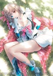 Rule 34 | 1girl, blue eyes, blue reflection, blue reflection (series), bow, bowtie, breasts, brown hair, cleavage, dress, elbow gloves, frills, gloves, grass, heterochromia, high heels, jewelry, kishida mel, looking at viewer, lying, medium breasts, necklace, on back, purple eyes, ribbon, shirai hinako, short dress, short hair, short sleeves, skirt, solo