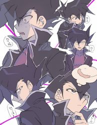 Rule 34 | 1boy, aoki (fumomo), black hair, closed mouth, coat, duel academy uniform (yu-gi-oh! gx), hair between eyes, high collar, long sleeves, male focus, manjoume jun, multiple views, open mouth, purple shirt, shaded face, shirt, simple background, spiked hair, sweat, tears, translation request, white background, yu-gi-oh!, yu-gi-oh! gx
