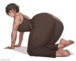 Rule 34 | 1girl, all fours, ass, ass focus, asura (asurauser), barefoot, black hair, black pants, breasts, burn scar, glasses, highres, huge ass, jujutsu kaisen, large breasts, looking at viewer, looking back, multiple scars, pants, scar, scar across eye, short hair, solo, tank top, thick thighs, thighs, yellow eyes, zen&#039;in maki
