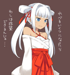 Rule 34 | bare shoulders, blue eyes, breasts, crying, dark-skinned female, dark skin, grey hair, hair ribbon, japanese clothes, miko, oshiro project:re, rakupi, ribbon, simple background, small breasts, solo, tan, tearing up, translated, twintails, utsunomiya (oshiro project), white hair