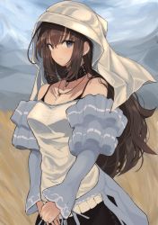 Rule 34 | 1girl, bare shoulders, blouse, blue eyes, blush, breasts, brown hair, choker, detached sleeves, from side, hair between eyes, highres, hinomaru (futagun), jewelry, long hair, looking at viewer, looking to the side, medium breasts, original, own hands together, parted lips, pendant, shirt, solo, spaghetti strap, white headwear