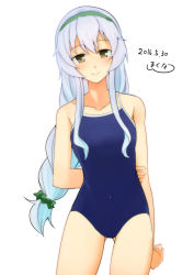 Rule 34 | 10s, 1girl, arm behind back, artist name, bow, bowtie, braid, brown eyes, competition school swimsuit, competition swimsuit, dated, hair ornament, hairband, kantai collection, kitaminami, long hair, one-piece swimsuit, ponytail, school swimsuit, sidelocks, silver hair, single braid, smile, solo, swimsuit, wavy hair, yamagumo (kancolle)