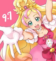 Rule 34 | 1girl, :d, arms up, blonde hair, blush, bow, chocokin, cure flora, dated, earrings, flower, flower earrings, flower necklace, from above, gloves, go! princess precure, green eyes, happy, haruno haruka, jewelry, long hair, looking at viewer, magical girl, multicolored hair, necklace, open mouth, pink background, pink bow, pink hair, precure, signature, simple background, smile, solo, streaked hair, thick eyebrows, two-tone hair, waist bow, white gloves