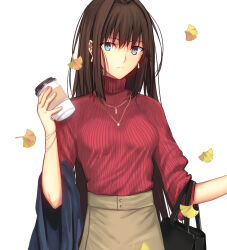 Rule 34 | 1girl, aozaki aoko, autumn leaves, bag, blue eyes, breasts, brown hair, commentary, cowboy shot, cup, disposable cup, earrings, english commentary, expressionless, handbag, high-waist skirt, iro (sekaixiro), jewelry, large breasts, long hair, looking at viewer, mahou tsukai no yoru, multiple bracelets, multiple necklaces, necklace, off shoulder, red sweater, skirt, solo, sweater, turtleneck, turtleneck sweater, white background