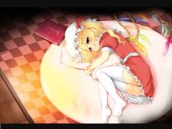 Rule 34 | 1girl, ass, bad id, bad pixiv id, blonde hair, blush, book, checkered floor, female focus, flandre scarlet, floor, hat, lying, hugging object, on side, pillow, pillow hug, ponytail, red eyes, short hair, short hair with long locks, side ponytail, solo, thighhighs, toichi, touhou, white thighhighs, wings
