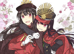 Rule 34 | 1boy, 1girl, :d, arm around neck, black hair, black headwear, black jacket, blush, brother and sister, brown cape, brown headwear, cape, crest, family crest, fate/grand order, fate (series), floral background, flower, gloves, grin, hair between eyes, hand on own hip, hat, jacket, long hair, long sleeves, military hat, oda nobukatsu (fate), oda nobunaga (fate), oda nobunaga (koha-ace), oda uri, open mouth, peaked cap, pink flower, red cape, red eyes, red jacket, sakura tsubame, siblings, signature, smile, white background, white flower, white gloves