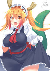 Rule 34 | 10s, 1girl, :d, absurdres, alternate hairstyle, bad id, bad pixiv id, black dress, black socks, blonde hair, blush, breasts, brown footwear, collared shirt, cowboy shot, dragon girl, dragon horns, dragon tail, dress, dress shirt, elbow gloves, fangs, frilled skirt, frilled sleeves, frills, gloves, gradient hair, hair between eyes, hand on own chest, highres, horns, kobayashi-san chi no maidragon, large breasts, large tail, leg up, long hair, looking at viewer, maid, maid headdress, mirea, multicolored hair, necktie, open mouth, orange hair, puffy short sleeves, puffy sleeves, red hair, red necktie, renka (llawliet39), sash, shirt, shoes, short sleeves, sidelocks, signature, simple background, skirt, skirt hold, sleeveless, sleeveless dress, slit pupils, smile, socks, solo, standing, standing on one leg, tail, tohru (maidragon), twintails, white background, white gloves, white shirt, yellow eyes