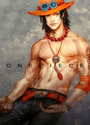 Rule 34 | 1boy, abs, beads, belt, black eyes, black hair, black pants, black shorts, bracelet, embers, freckles, frown, hat, j (onose1213), jewelry, lips, long hair, looking at viewer, male focus, muscular, necklace, one piece, pants, portgas d. ace, realistic, sad face, short hair, shorts, smile, smiley face, solo, stampede string, straight hair, tattoo, text focus, topless male