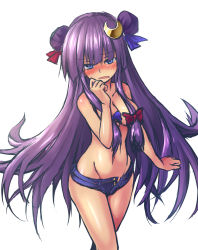 Rule 34 | 1girl, blush, breasts, crescent, crescent hair ornament, denim, denim shorts, double bun, embarrassed, hair bun, hair ornament, hair over eyes, hair ribbon, highres, long hair, navel, open fly, open mouth, oukawa yuu, patchouli knowledge, purple eyes, purple hair, ribbon, shiny skin, short shorts, shorts, simple background, sketch, solo, topless, touhou, unzipped, white background
