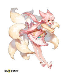 Rule 34 | 1girl, :o, alternate hair color, animal ears, ankle bell, bow, cleavage cutout, closers, clothing cutout, copyright name, dress, fox ears, fox girl, fox tail, frilled dress, frills, from side, full body, hair bow, high heels, highres, hugging own tail, hugging tail, kitsune, kyuubi, layered dress, leaning forward, long hair, long sleeves, looking at viewer, looking to the side, low twintails, multiple tails, official art, open mouth, pink bow, pink dress, pink hair, red eyes, see-through, see-through sleeves, seth (closers), sharp teeth, solo, standing, tachi-e, tail, teeth, twintails, two-tone dress, very long hair, wedge heels, white background, white footwear, yellow dress, yellow sleeves, yellow tail