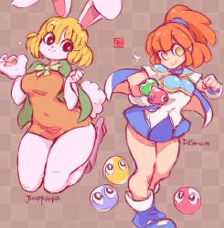 Rule 34 | 2girls, :&gt;, :3, animal ears, animal hands, arle nadja, armor, artist name, black eyes, blonde hair, blue cape, blue footwear, blue skirt, blunt bangs, blush, boots, bow, bowtie, breastplate, breasts, brown background, cape, carrot (one piece), carrying, checkered background, clenched hand, closed mouth, covered navel, crossover, dress, female focus, fingerless gloves, flying sweatdrops, full body, furry, furry female, gloves, green cape, green neckwear, hair tie, hand up, hands up, happy, high heels, highres, kneeling, light blush, looking at another, looking at viewer, looking to the side, looking up, medium breasts, miniskirt, multiple girls, one piece, orange dress, orange hair, pawpads, pink footwear, pleated skirt, ponytail, puyo (puyopuyo), puyopuyo, rabbit ears, rabbit girl, rabbit tail, seiza, shirt, shoes, short dress, short hair, short sleeves, shoulder armor, signature, simple background, sitting, sketch, skirt, smile, standing, starmilk, tail, white gloves, white shirt, yellow eyes, zipper