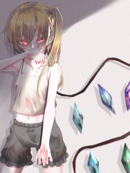 Rule 34 | 1girl, alternate costume, bare arms, bare shoulders, black bloomers, blonde hair, blood, blood on face, blood on hands, bloomers, blush, camisole, collarbone, covered mouth, covering own mouth, cowboy shot, crop top, crystal, eyes visible through hair, flandre scarlet, frills, glowing, glowing eyes, grey background, grey camisole, hair between eyes, hand over own mouth, hand up, highres, long hair, midriff, navel, no headwear, nose blush, raised eyebrow, red eyes, side ponytail, sleeveless, solo, spaghetti strap, standing, touhou, tsune (tune), underwear, wings