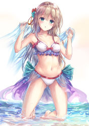 Rule 34 | 1girl, ahoge, bare legs, bare shoulders, barefoot, bikini, bikini skirt, blonde hair, blush, breasts, cleavage, collarbone, commentary request, flower, frilled bikini, frills, front-tie top, green eyes, hair flower, hair ornament, highres, kneeling, long hair, looking at viewer, navel, open mouth, original, partially submerged, see-through, solo, swimsuit, tama satou, wading, water, wet, white bikini