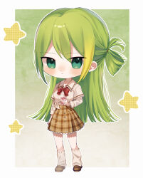 Rule 34 | 1girl, absurdres, alina gray, arm at side, blonde hair, blunt ends, blush, border, bow, bowtie, brown footwear, brown skirt, chibi, closed mouth, commentary, drink, drinking straw, eyes visible through hair, food, fruit, full body, gradient background, green background, green eyes, green hair, hair between eyes, hair tie, highres, holding, holding drink, juice box, loafers, long hair, looking at viewer, loose socks, magia record: mahou shoujo madoka magica gaiden, mahou shoujo madoka magica, multicolored hair, nose blush, outline, outside border, plaid, plaid skirt, red bow, red bowtie, roseziny, sailor collar, school uniform, shirt, shoes, sidelocks, single hair ring, skirt, sleeves past elbows, socks, solo, standing, star (symbol), strawberry, strawberry milk, streaked hair, symbol-only commentary, translated, two-tone background, two-tone hair, very long hair, white border, white outline, white sailor collar, white shirt, white socks