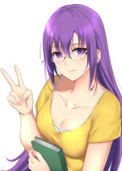 Rule 34 | 1girl, blush, book, breasts, closed eyes, gj-bu, highres, holding, holding book, kauru00, lips, long hair, looking at viewer, medium breasts, purple eyes, purple hair, simple background, smile, solo, sumeragi shion, upper body, v, white background
