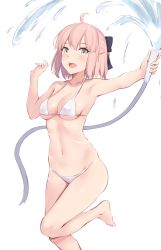 Rule 34 | 1girl, :d, ahoge, bad id, bad pixiv id, bare arms, bare shoulders, bikini, black bow, blonde hair, bow, breasts, collarbone, commentary request, fate/grand order, fate (series), hair bow, happy, highres, holding, jilu, large breasts, navel, okita souji (fate), okita souji (koha-ace), open mouth, simple background, smile, solo, standing, standing on one leg, swimsuit, teeth, upper teeth only, water, white background, white bikini, yellow eyes