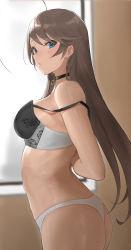 Rule 34 | 1girl, absurdres, antenna hair, aqua eyes, arched back, ass, black choker, blush, bra, breasts, brown hair, choker, commission, floral print, heart, heart choker, highres, indoors, long hair, looking at viewer, looking to the side, medium breasts, mole, mole on ass, mole under mouth, original, panties, parted lips, pixiv commission, solo, strap slip, takita (takita3411), thong, two-tone bra, underwear, underwear only, unfastened, white panties, window
