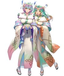 Rule 34 | 2girls, ahoge, aqua eyes, ball, breasts, bubble, crystal, cuboon, fire emblem, fire emblem heroes, forehead jewel, full body, heidr (fire emblem), highres, holding, holding ball, japanese clothes, jewelry, kimono, large breasts, multicolored hair, multiple girls, nintendo, non-web source, obi, official alternate costume, official art, open mouth, parted lips, purple hair, sandals, sash, second-party source, seidr (fire emblem), seidr (new year) (fire emblem), short hair, smile, solo, tabi, teeth, white background, yellow eyes, zouri