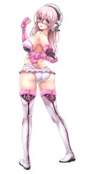 Rule 34 | 1girl, ass, blush, boots, breasts, butt crack, clenched hand, elbow gloves, fingerless gloves, full body, glasses, gloves, highres, large breasts, long hair, looking at viewer, mask, nitroplus, open mouth, panties, pink eyes, pink hair, smile, solo, super sonico, thigh boots, thighhighs, transparent background, underwear, v-mag, white background, white panties, white thighhighs, wrestling outfit