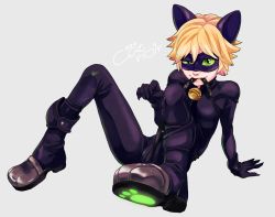 Rule 34 | 1boy, adrien agreste, animal ears, arm support, bad id, bad twitter id, bell, neck bell, belt, blonde hair, bodysuit, boots, cat ears, catsuit, character name, chat noir, collar, colored sclera, fake animal ears, flipped hair, full body, green eyes, green sclera, grey background, jingle bell, male focus, mask, miraculous ladybug, mouth hold, paw print, samep