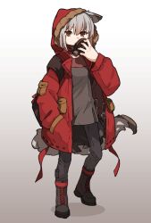 Rule 34 | 1girl, amonitto, animal ears, arknights, bandana, black pants, boots, breasts, brown footwear, coat, full body, gradient background, grey hair, grey shirt, hand in pocket, hand up, hood, hood up, hooded coat, open clothes, open coat, pants, projekt red (arknights), red coat, respirator, shirt, short hair, small breasts, solo, standing, tail, wolf ears, wolf girl, wolf tail